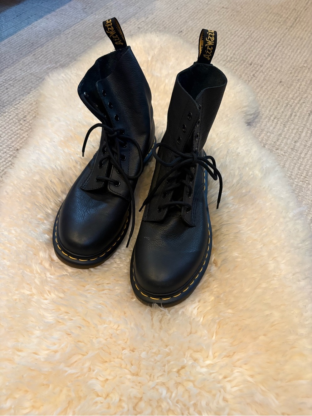 Dr. Martens Black Leather Lace-Up Combat Boots with Yellow Stitching